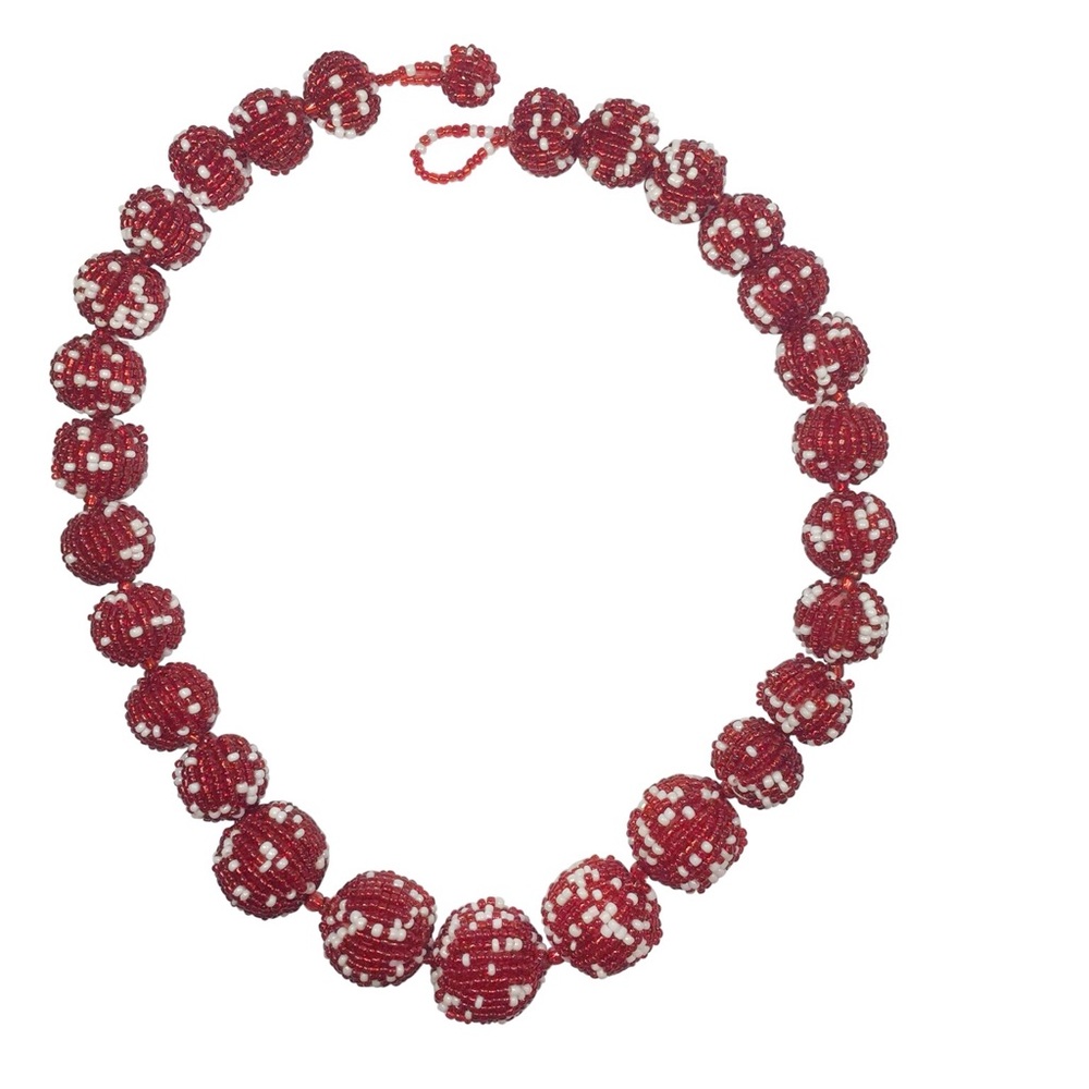 Red & White Seed Bead Balls Handmade Statement Necklace
